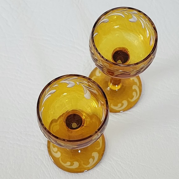 Set of 2 Amber Gold Cut to Clear Glass Liquor Cordial Glasses - Picture 2 of 8